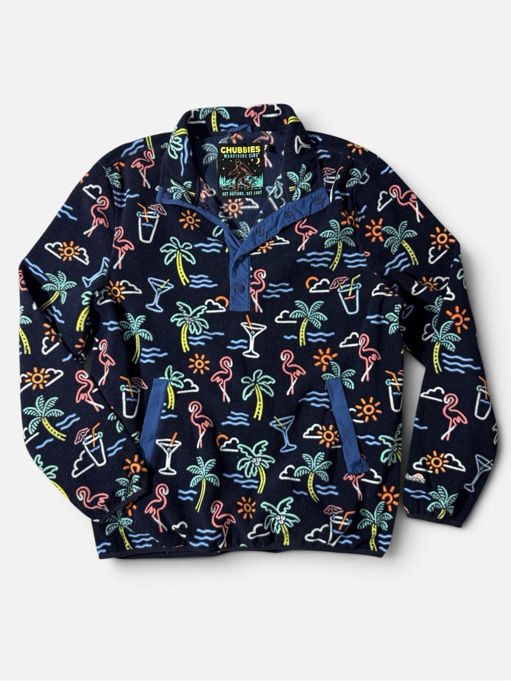 Chubbies mens L Large blue neon signs pattern button snap pullover fleece EUC